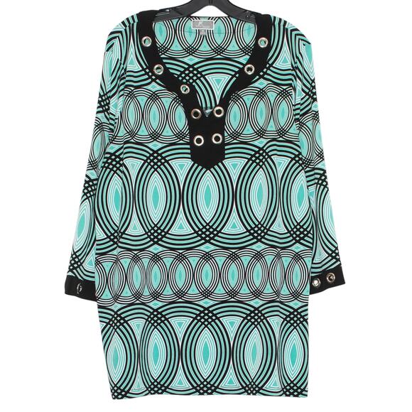JM Collection Top 3/4 Sleeve Slinky Y2K Boho Retro Statement Turquoise Black 2X - Picture 1 of 5
